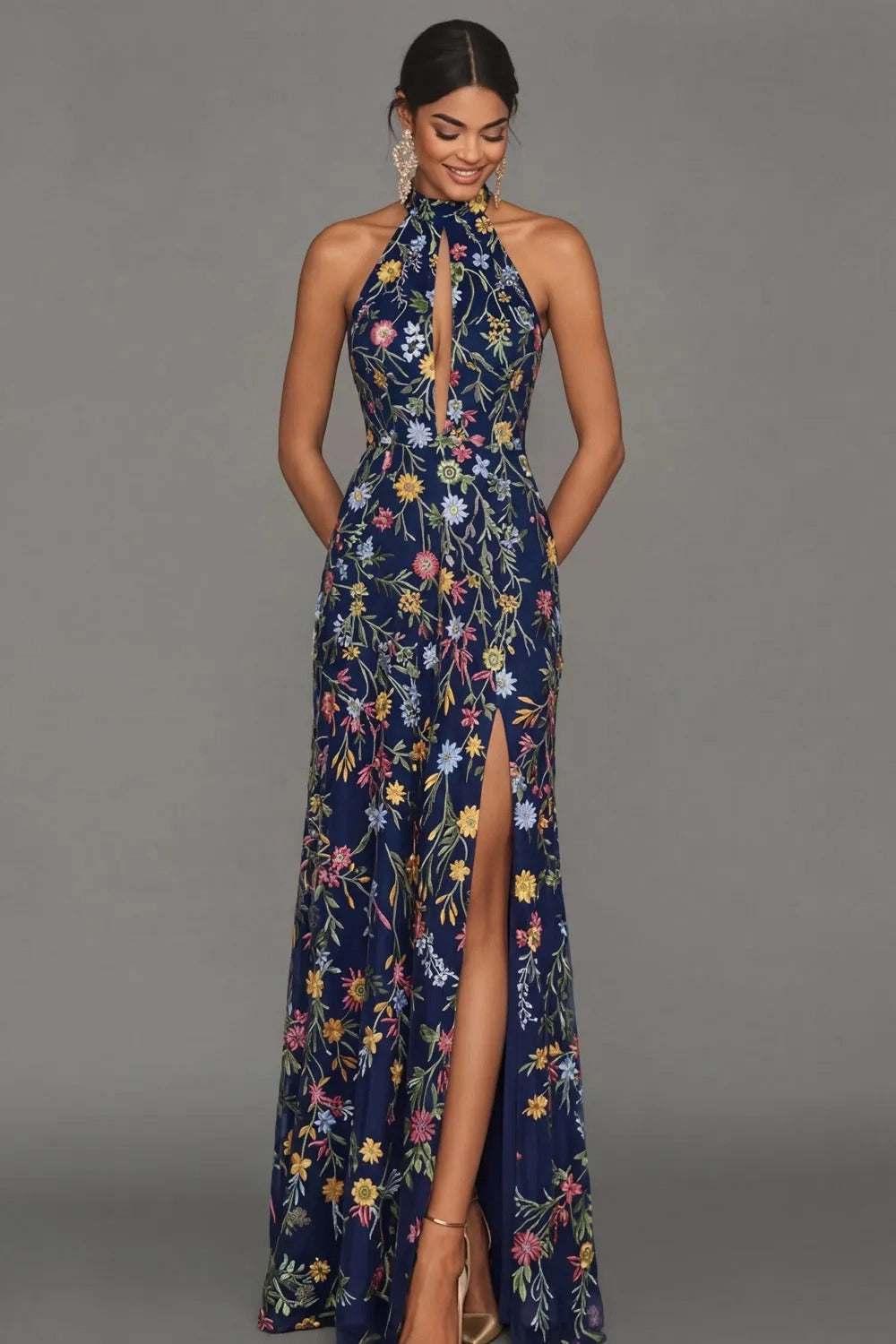 Romantic Floral Embroidered A-Line Halter Sleeveless Backless Long Wedding Guest Dress