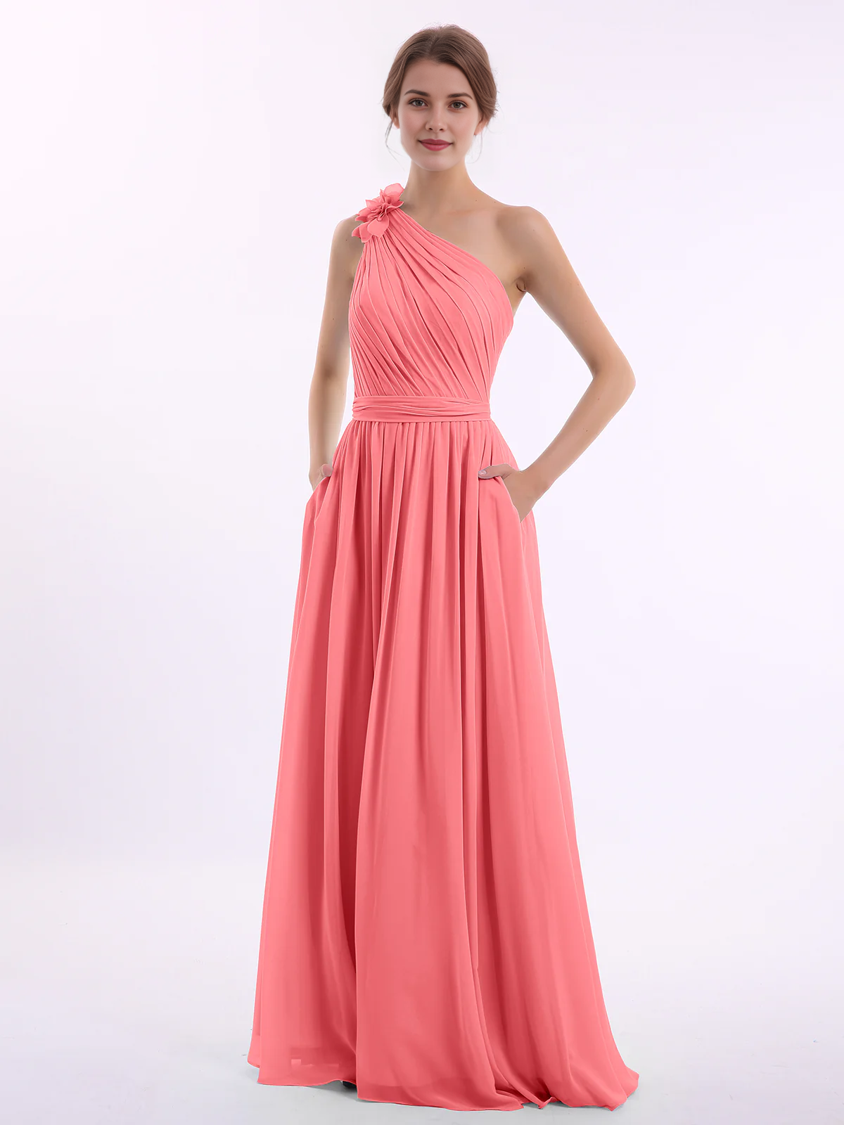 One Shoulder 3D Flower Ruched Chiffon Bridesmaid Maxi Dress with Pockets & Open Back Sash