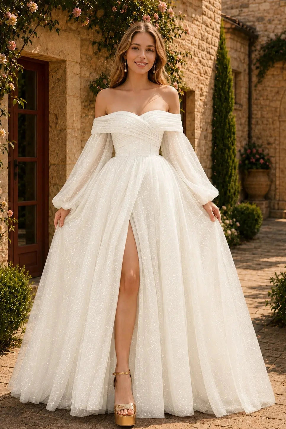 Glitter A‑Line Off‑The‑Shoulder Puff Sleeve Zip‑Back Floor Prom Dress