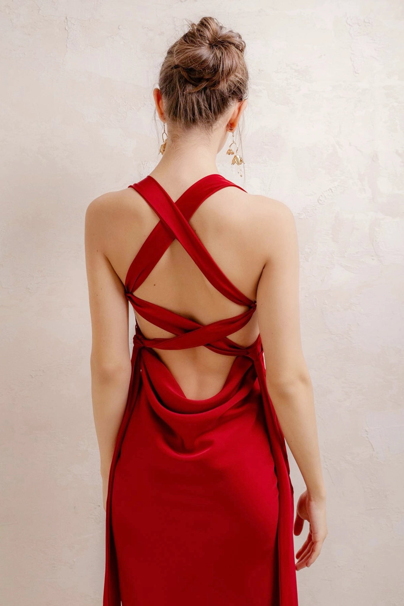 Satin Sheath Cowl‑Neck Crisscross Tie‑Back Maxi Prom Dress
