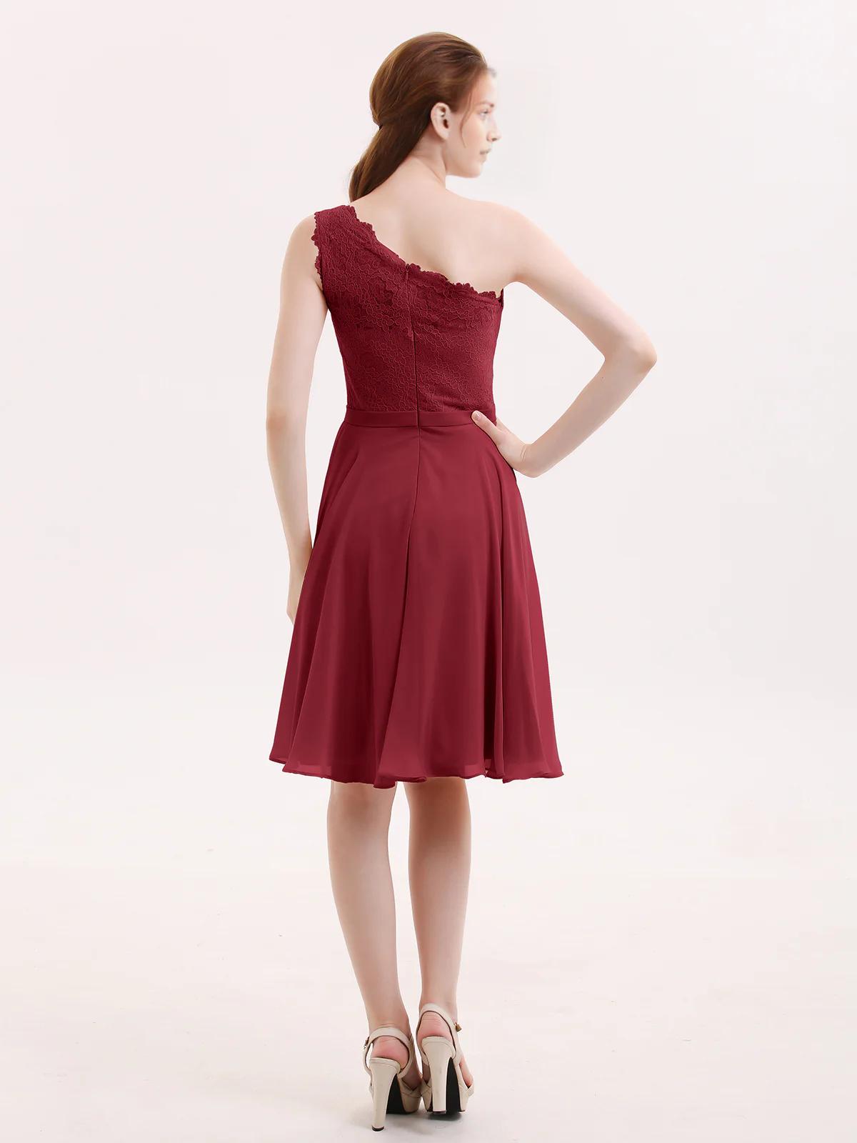 One Shoulder Lace Top A-Line Knee-Length Chiffon Bridesmaid Homecoming Short Dress