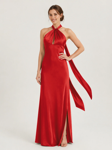 Halter Neck Keyhole Satin Mermaid Bridesmaid Dress with Back Bow & High Slit
