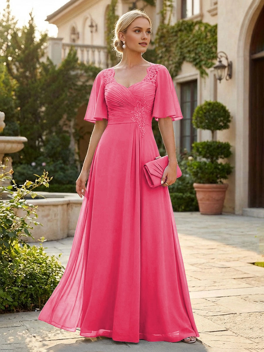 Graceful Dusty Blue A-Line Sweetheart Flutter-Sleeve Sweetheart-Back Floor-Length Mother Of The Bride Dress