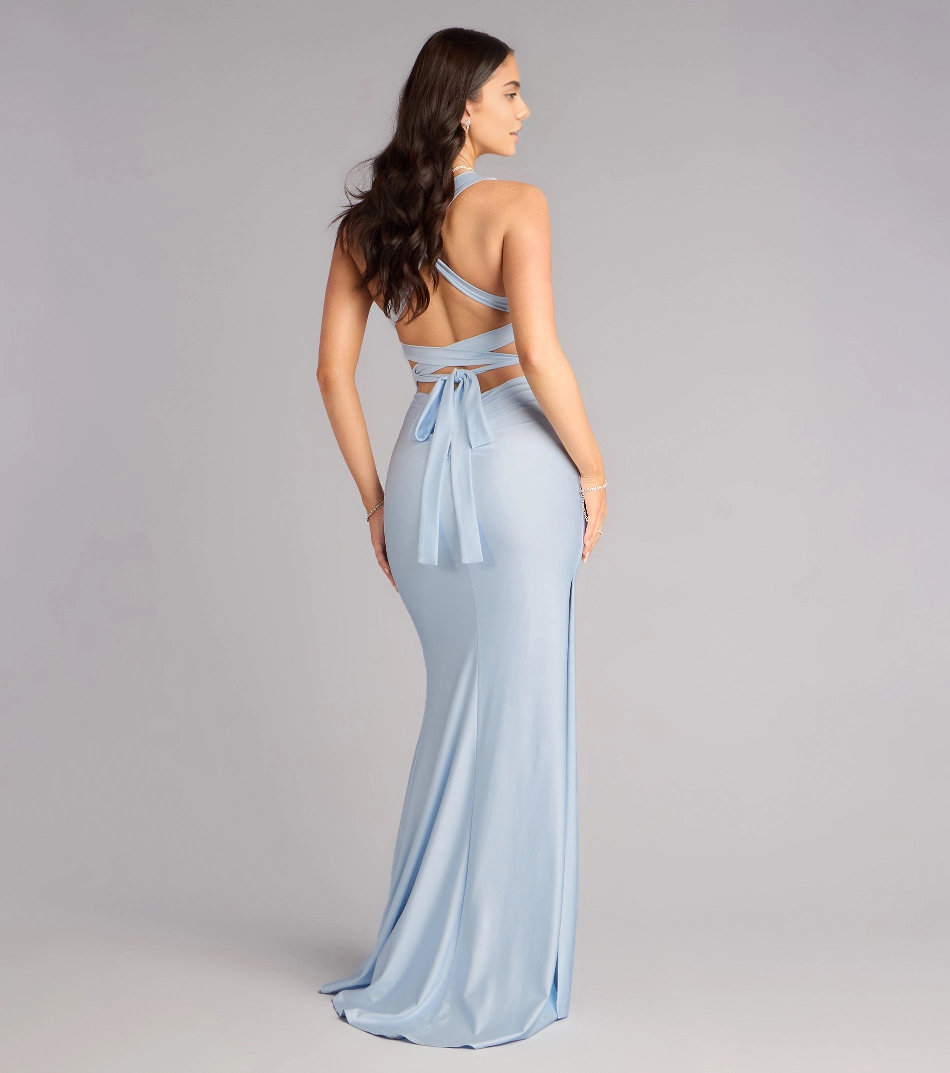 Pale Yellow Mermaid Halter Deep V Wrap Tie Back Long Prom Dress 