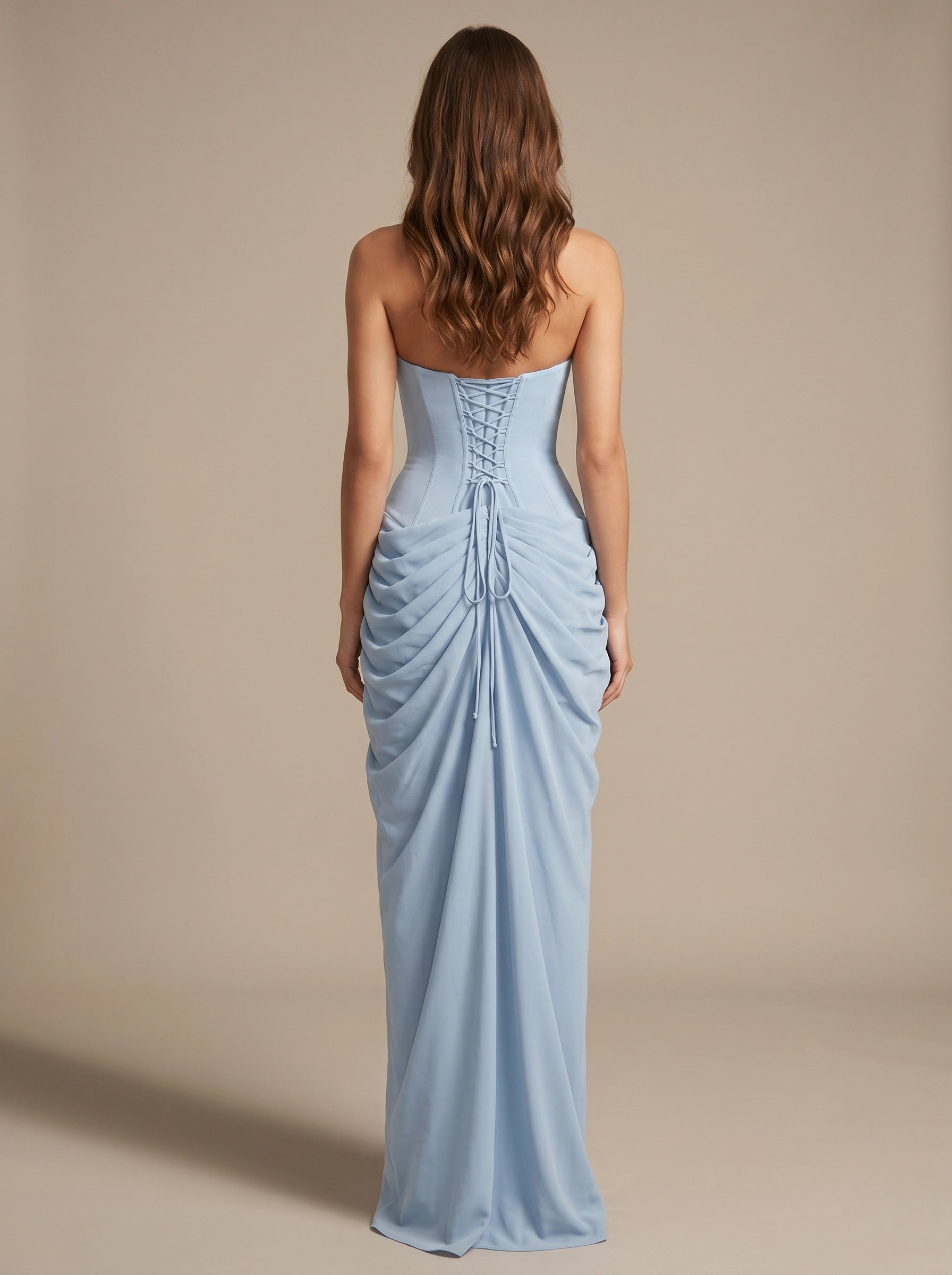 Pale‑Yellow Mermaid Strapless Draped Lace‑Up‑Back Slit Bridesmaid Dress