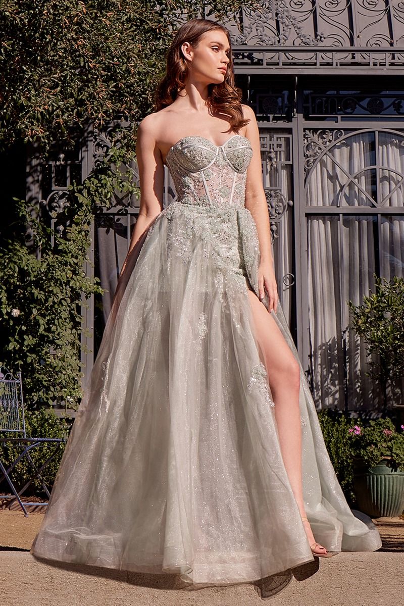 Pale Yellow Strapless Sequin Tulle Gown with High Slit - Romantic Formal Evening Dress