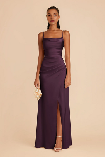 Elegant Satin Cowl Neck Bridesmaid Dress - Floor-Length, Spaghetti Straps Ruched Waist, Open Back & Leg Slit