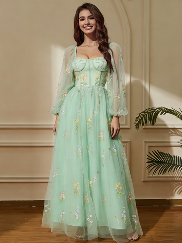Women's Elegant Vintage Midi Cocktail Dress with Sweetheart Neckline & Sheer Long Sleeves A-Line Floor-Length Formal Prom Dresses