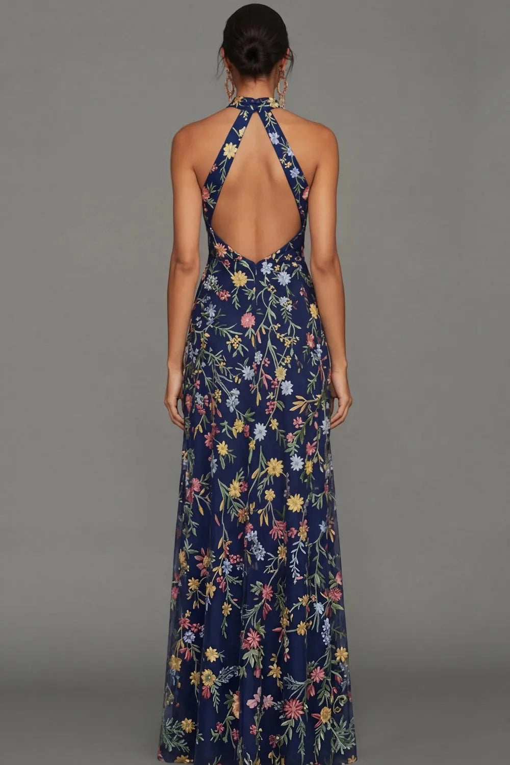 Romantic Floral Embroidered A-Line Halter Sleeveless Backless Long Wedding Guest Dress