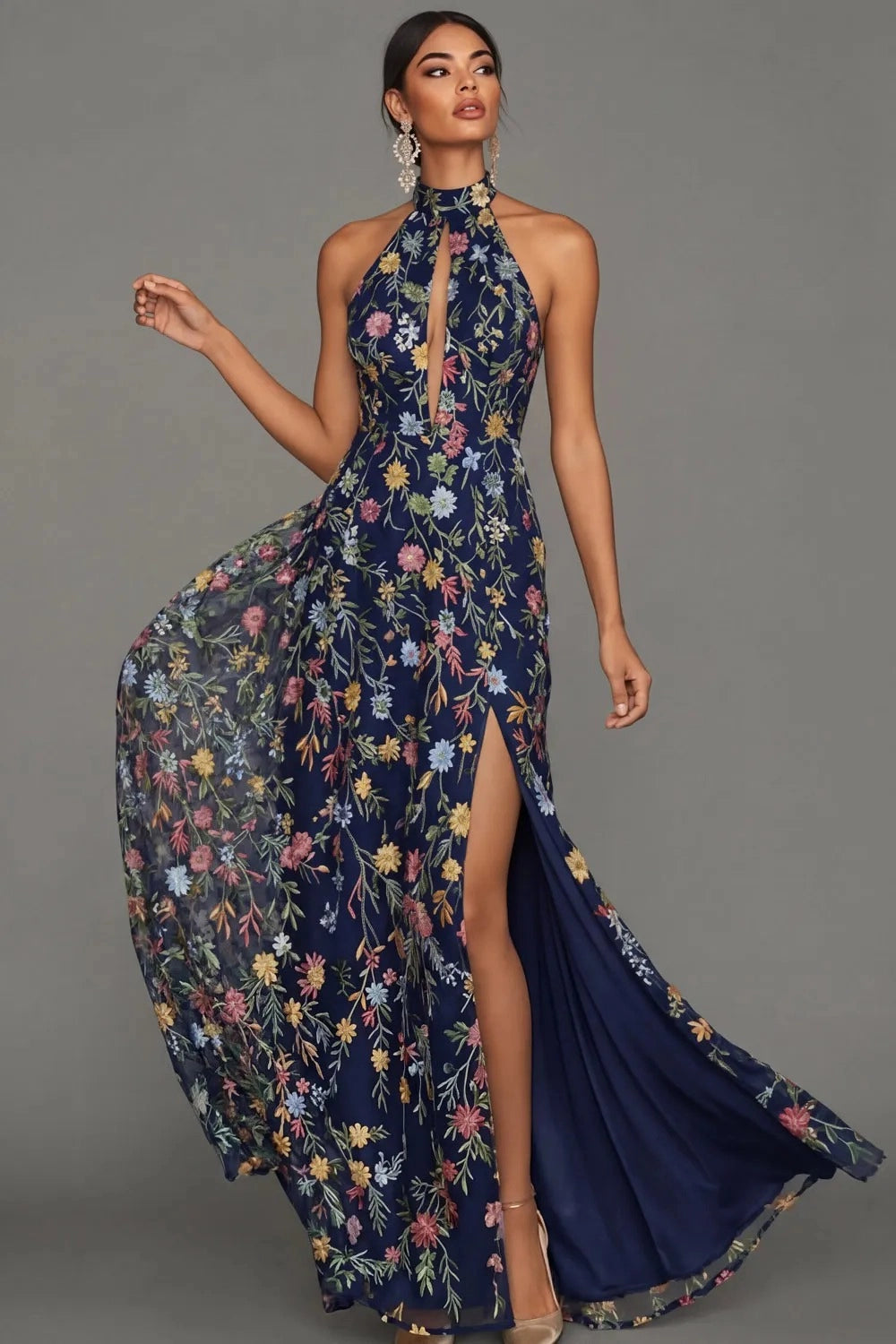 Romantic Floral Embroidered A-Line Halter Sleeveless Backless Long Wedding Guest Dress