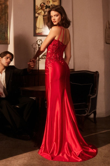Prom Dress One-Shoulder Beaded Floral Applique Ruched Satin Mermaid Gown with High Slit & Sweep Train