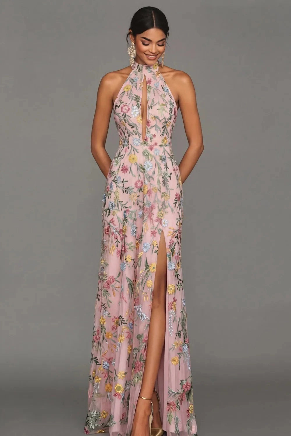 Romantic Floral Embroidered A-Line Halter Sleeveless Backless Long Wedding Guest Dress
