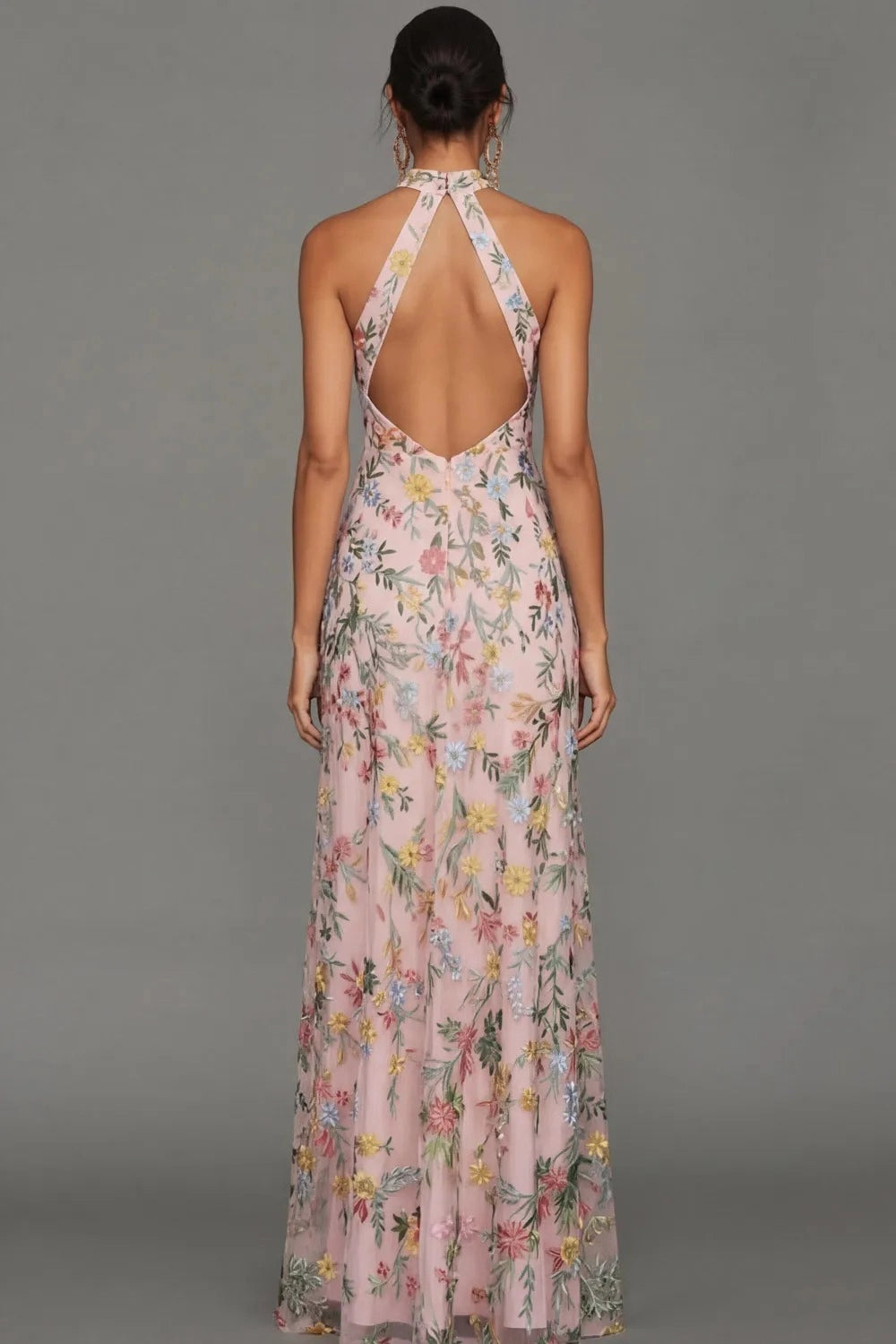 Romantic Floral Embroidered A-Line Halter Sleeveless Backless Long Wedding Guest Dress