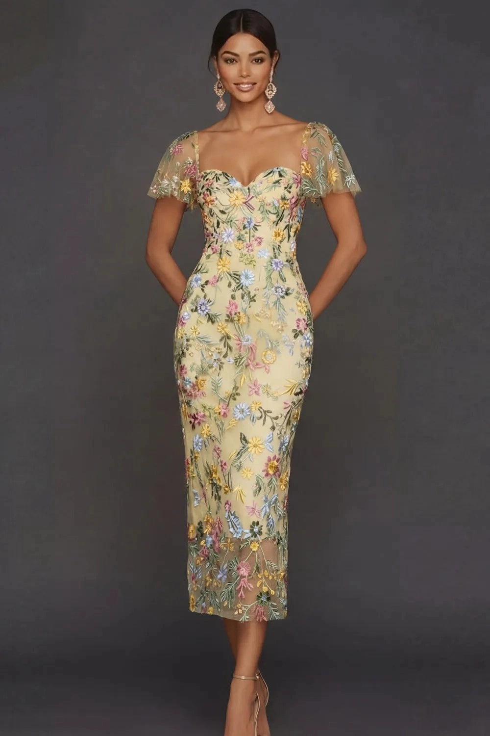 Elegant Floral Embroidered Sheath Sweetheart Flutter Sleeve Midi Wedding Guest Dress