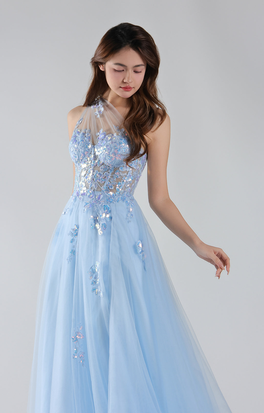 Vestido de fiesta de noche formal maxi de tul con un hombro y apliques florales de lentejuelas, estilo princesa, corte A, para mujer