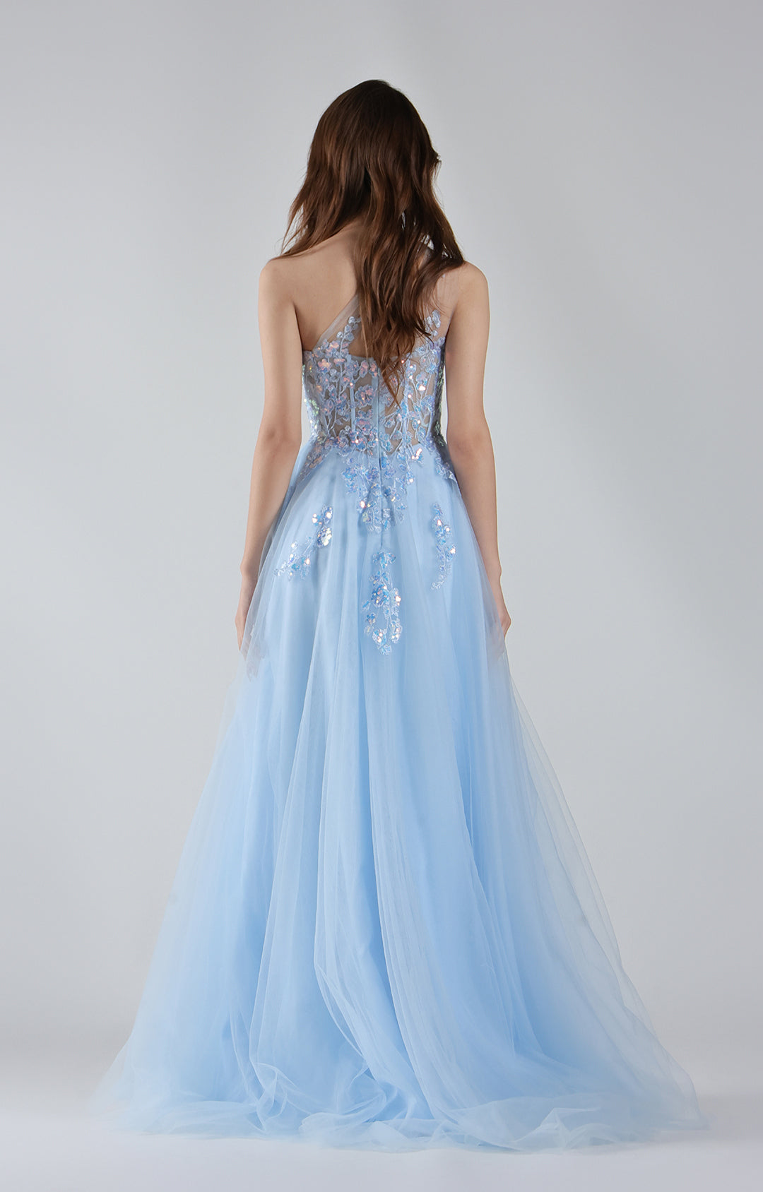 Vestido de fiesta de noche formal maxi de tul con un hombro y apliques florales de lentejuelas, estilo princesa, corte A, para mujer