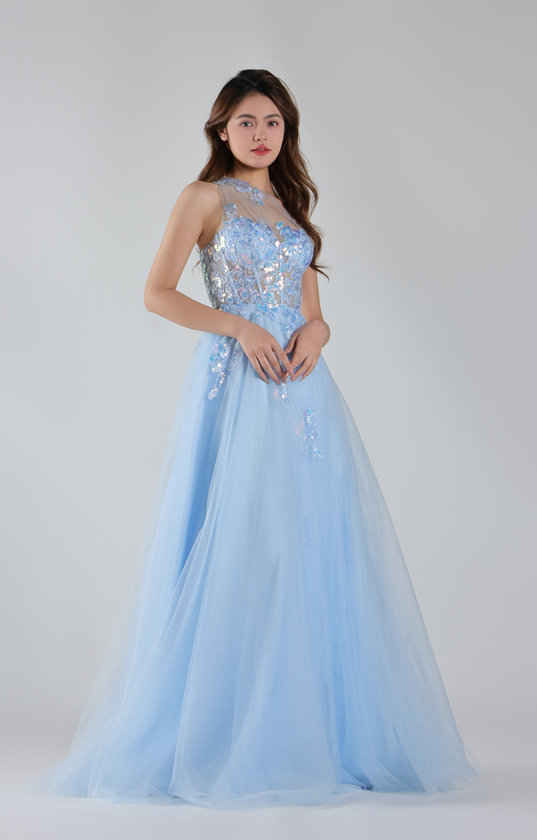 Women's A-Line Princess Ball gown Prom Dresses One-Shoulder Tulle Maxi Dress with Sequin Floral Appliqué Formal Evening Gown