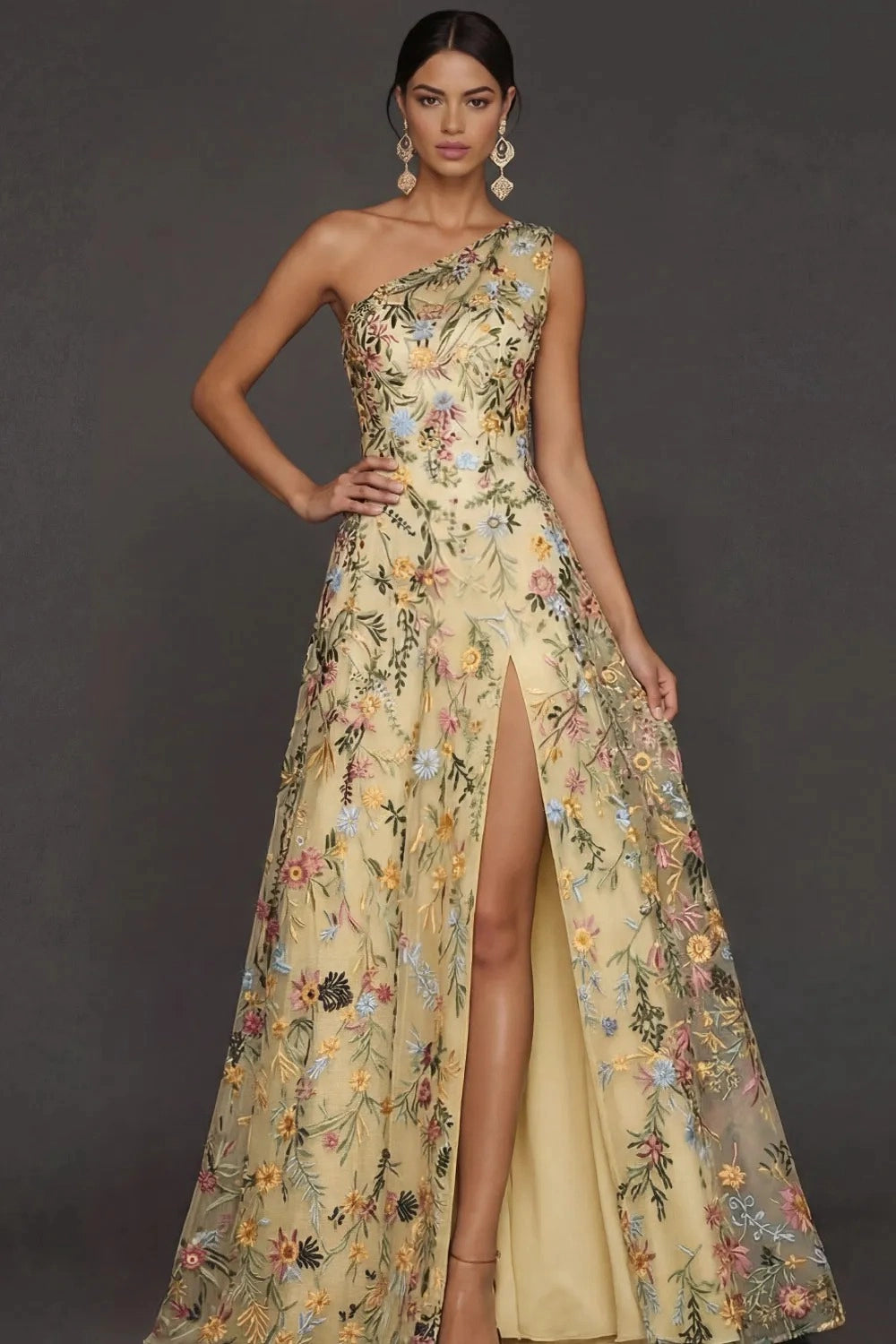 Romantic Floral Embroidered A-Line One Shoulder Sleeveless Backless Long Prom Dress