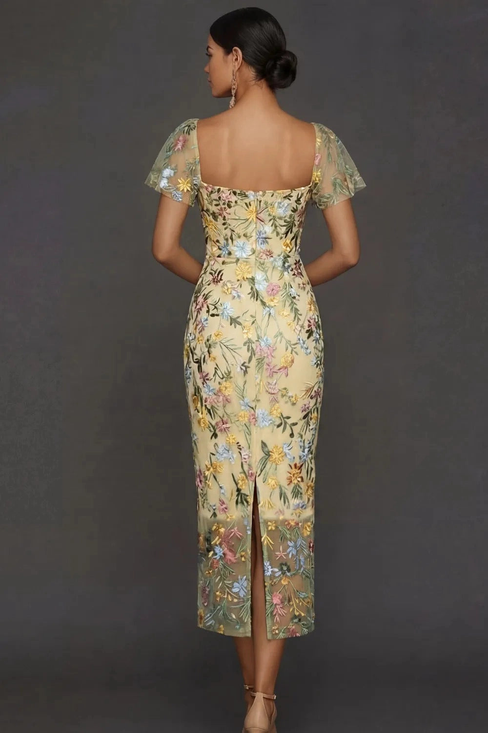 Elegant Floral Embroidered Sheath Sweetheart Flutter Sleeve Midi Wedding Guest Dress