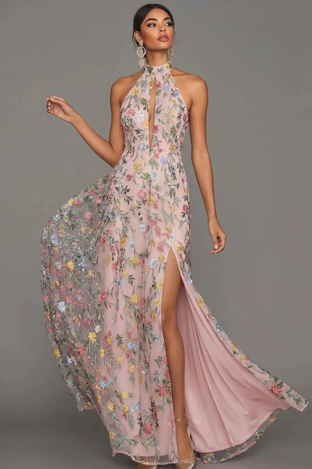 Romantic Floral Embroidered A-Line Halter Sleeveless Backless Long Wedding Guest Dress
