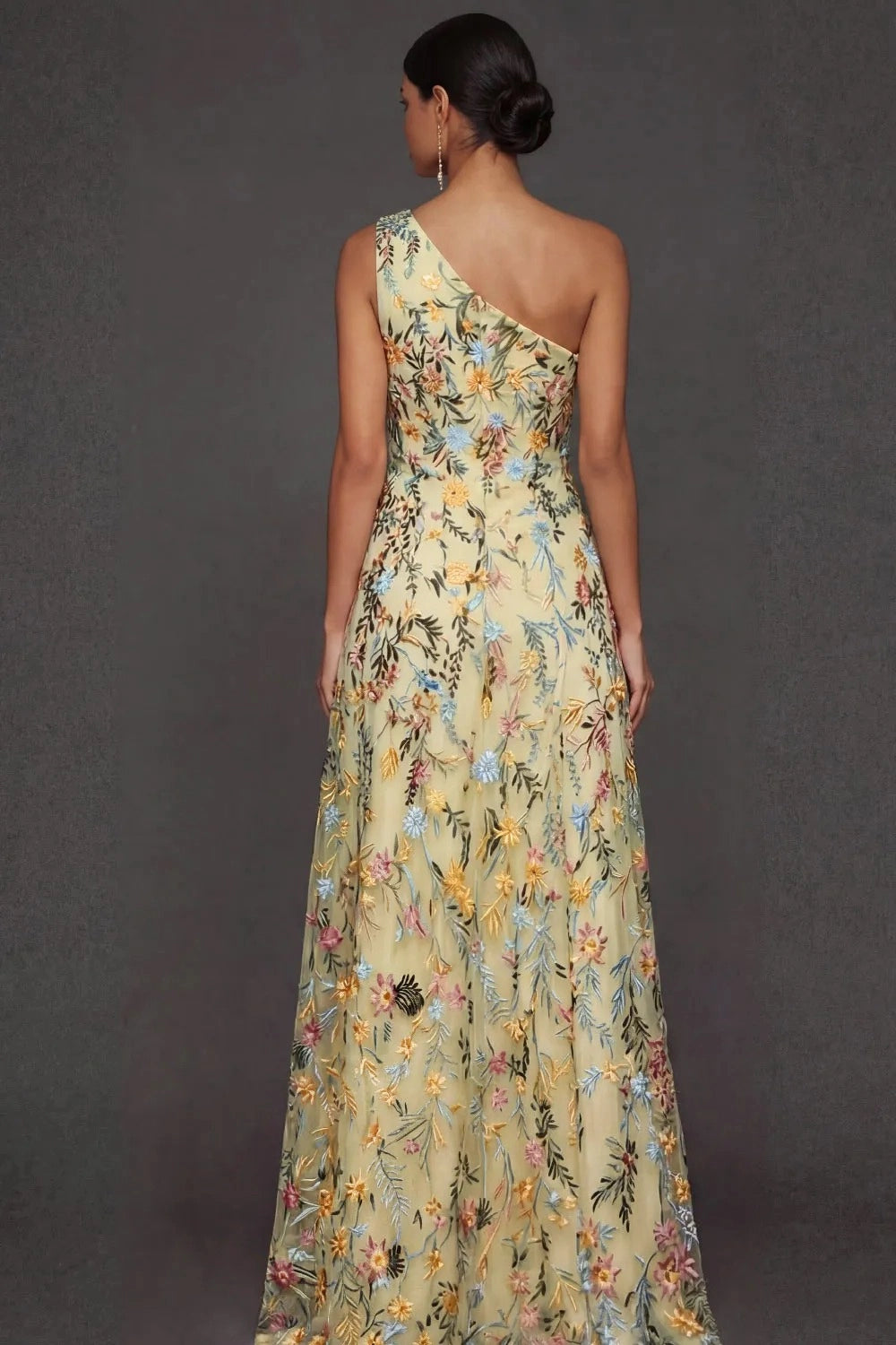 Romantic Floral Embroidered A-Line One Shoulder Sleeveless Backless Long Prom Dress