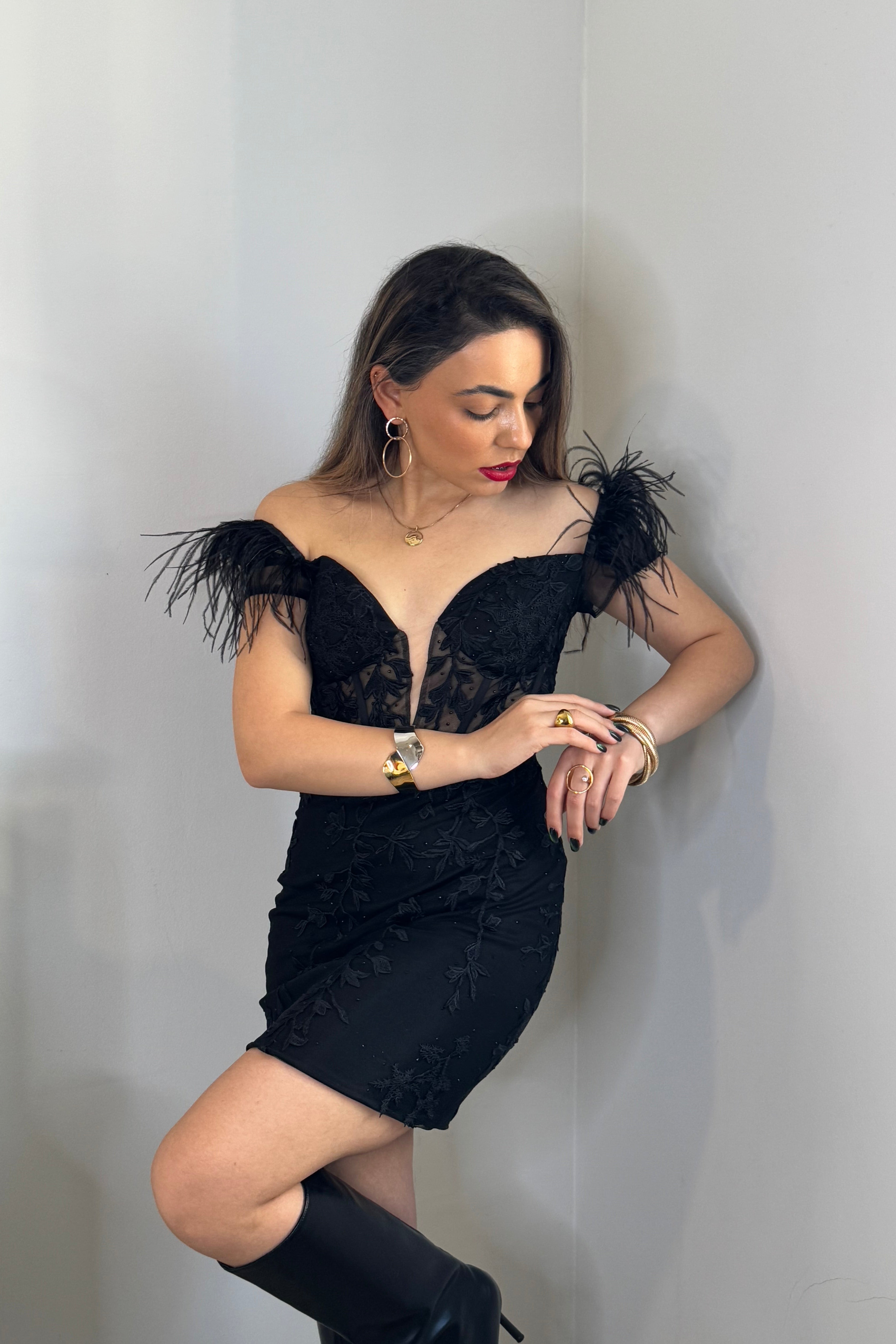 Sheath Cocktail Gown Party Dresses Lace Corset Sweetheart Mini Dress Deep V-Neck Feather Appliqued Homecoming Dresses