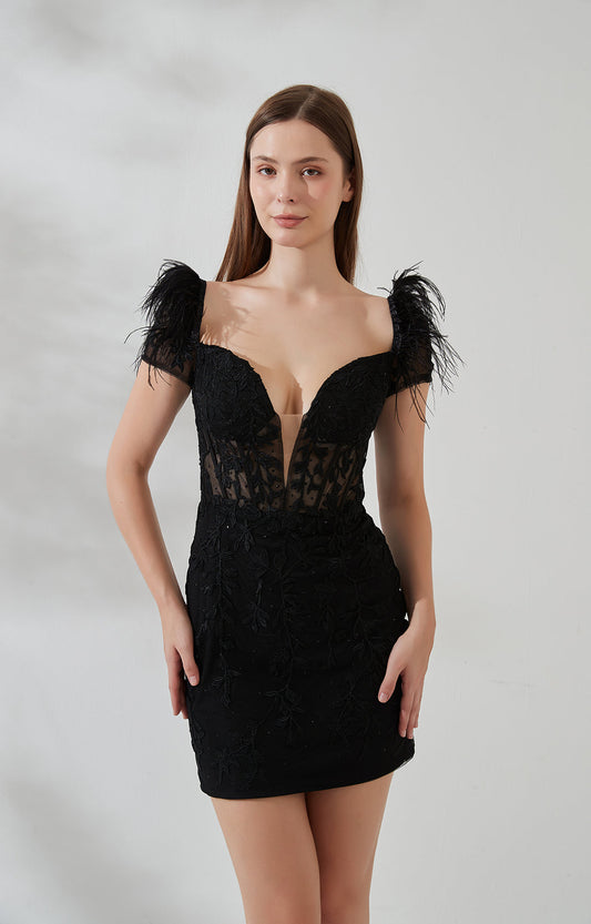 Sheath Cocktail Gown Party Dresses Lace Corset Sweetheart Mini Dress Deep V-Neck Feather Appliqued Homecoming Dresses
