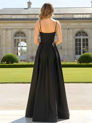 Vestido de noche de raso con tirantes finos y corte en A con abertura alta - Vestido formal de graduación e invitada de boda