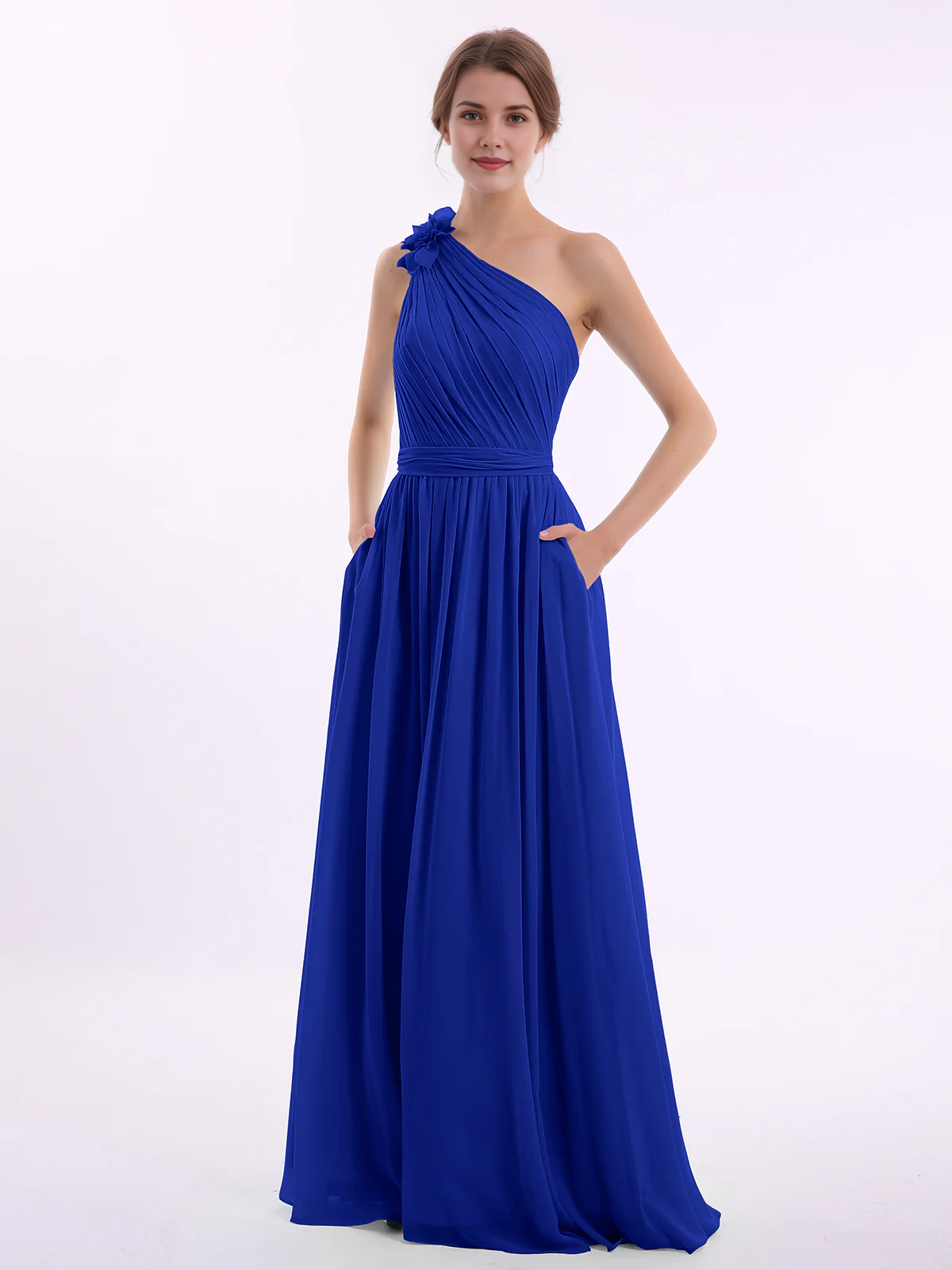One Shoulder 3D Flower Ruched Chiffon Bridesmaid Maxi Dress with Pockets & Open Back Sash