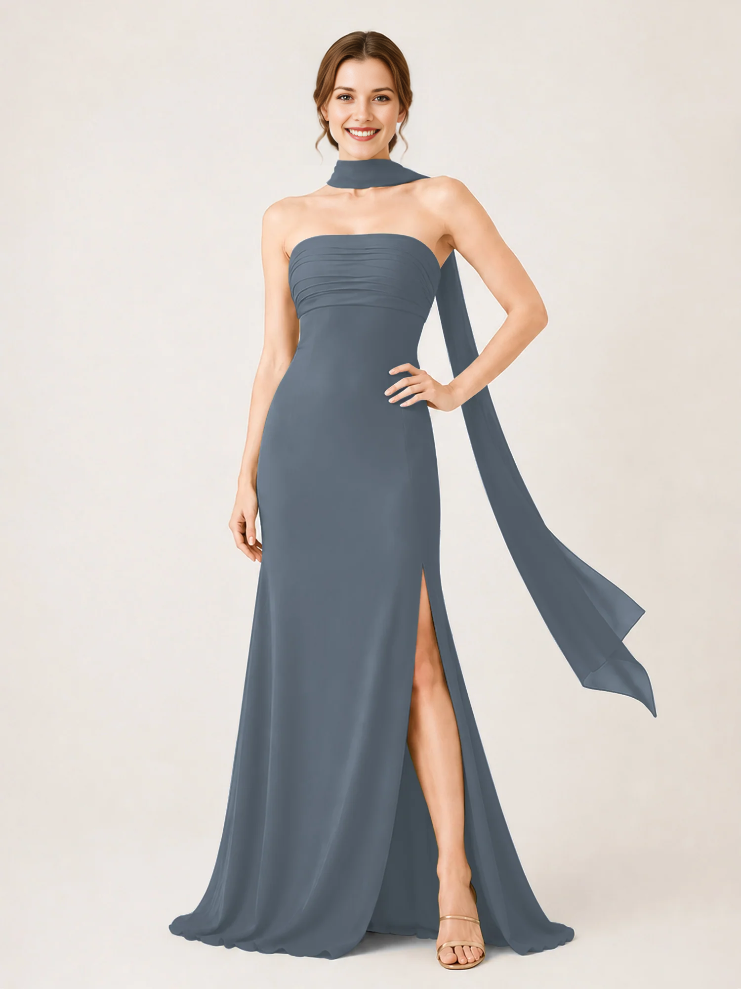 Strapless Ruched Chiffon Mermaid Bridesmaid Dress with Choker Scarf & High Slit