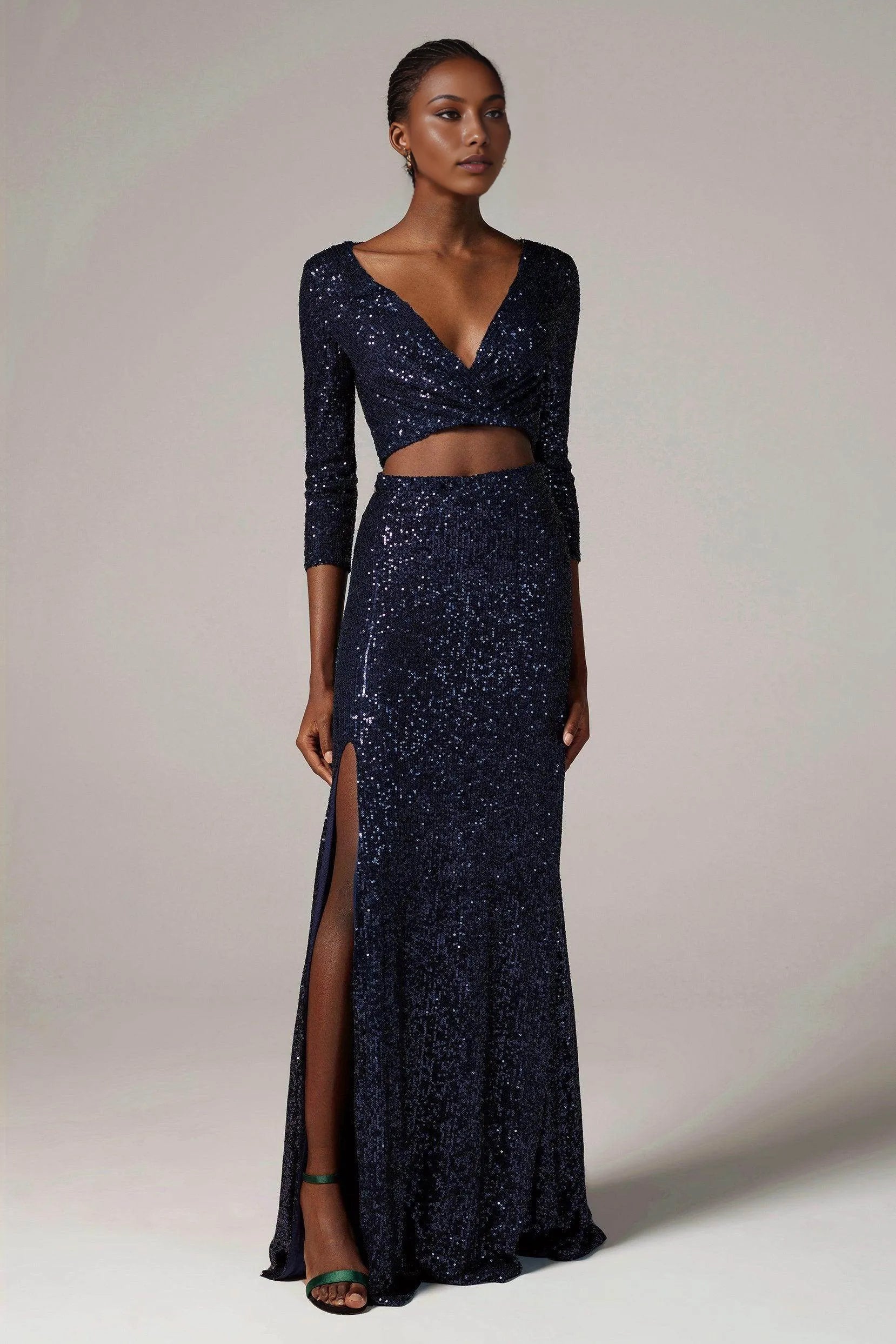 Luxe Sheath V-Neck Three-Quarter Sleeve Sequin Cutout Slit Evening Dress