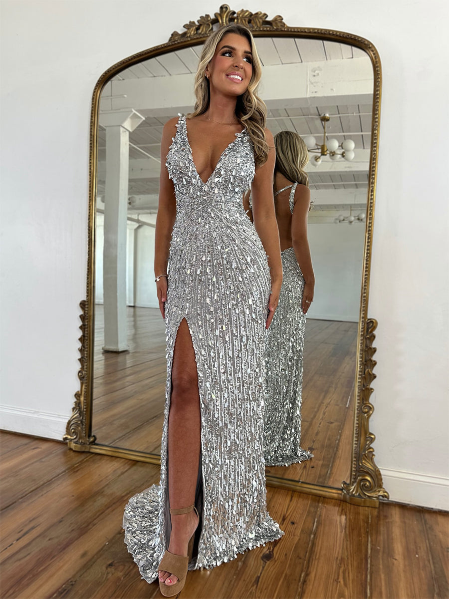 Sparkly Fuchsia Mermaid Deep V Sleeveless Open Back Train Prom Dress