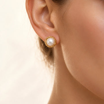 Gold-Tone Pearl Stud Earrings with Circular Wire Frame