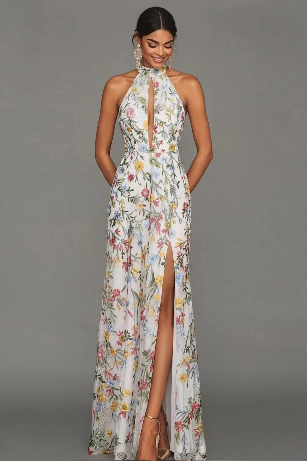 Romantic Floral Embroidered A-Line Halter Sleeveless Backless Long Wedding Guest Dress