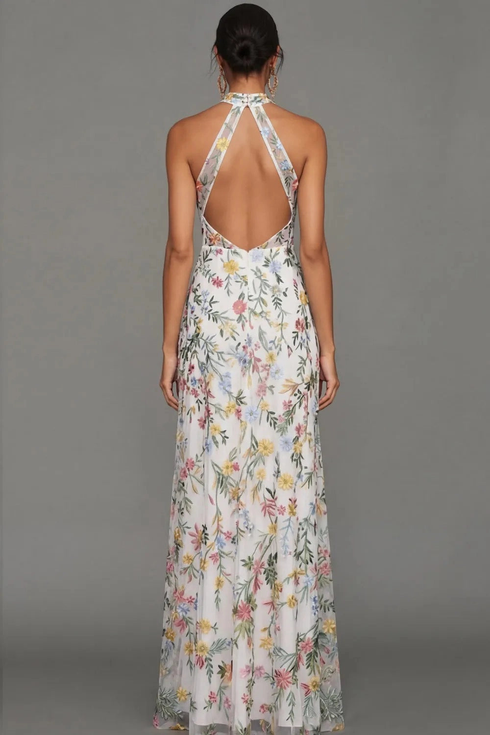 Romantic Floral Embroidered A-Line Halter Sleeveless Backless Long Wedding Guest Dress