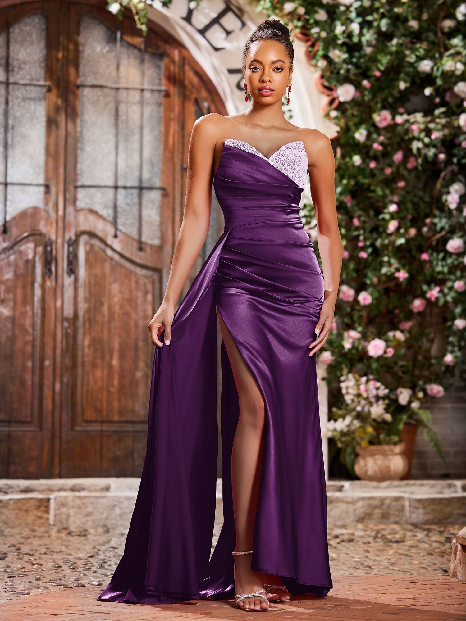 Beaded Corset High Slit Mermaid Prom Dress Satin Strapless Formal Evening Gown