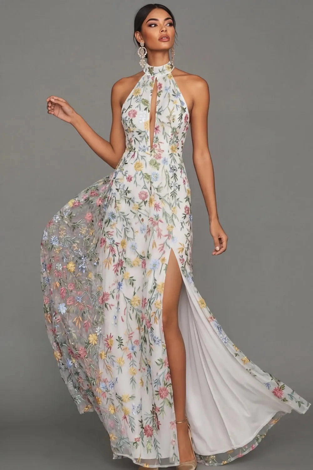 Romantic Floral Embroidered A-Line Halter Sleeveless Backless Long Wedding Guest Dress