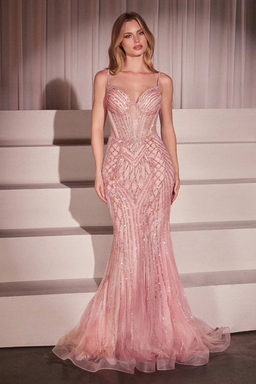 Vestido de fiesta de tirantes finos con corpiño de corsé transparente con cuentas y lentejuelas, falda de tul estilo sirena con cola y tren, para noche formal