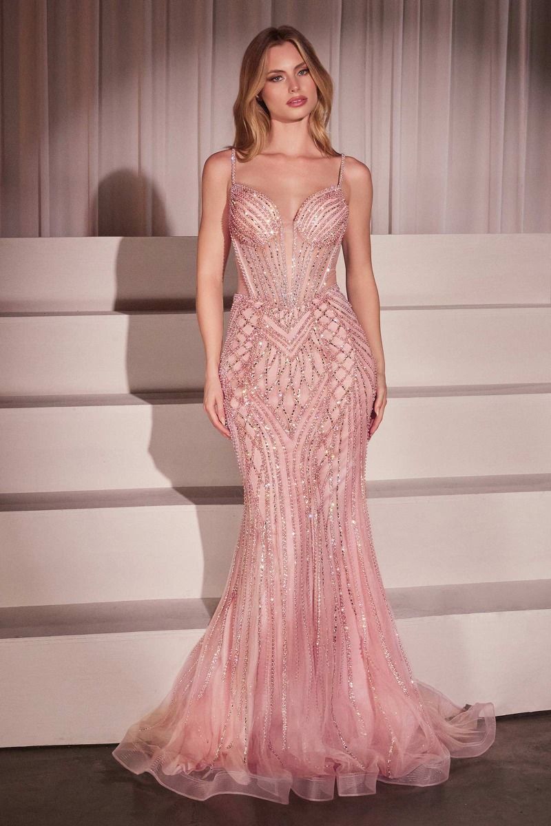 Prom Dress Spaghetti Strap Sheer Beaded Corset Bodice Sequin Embellished Tulle Mermaid Gown with Sweep Train Formal Evening