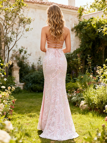 Blush Pink Sequin Floral Spaghetti Strap Formal Gown Mermaid Maxi Dress with Iridescent Leaf Embroidery for Garden Wedding and Prom