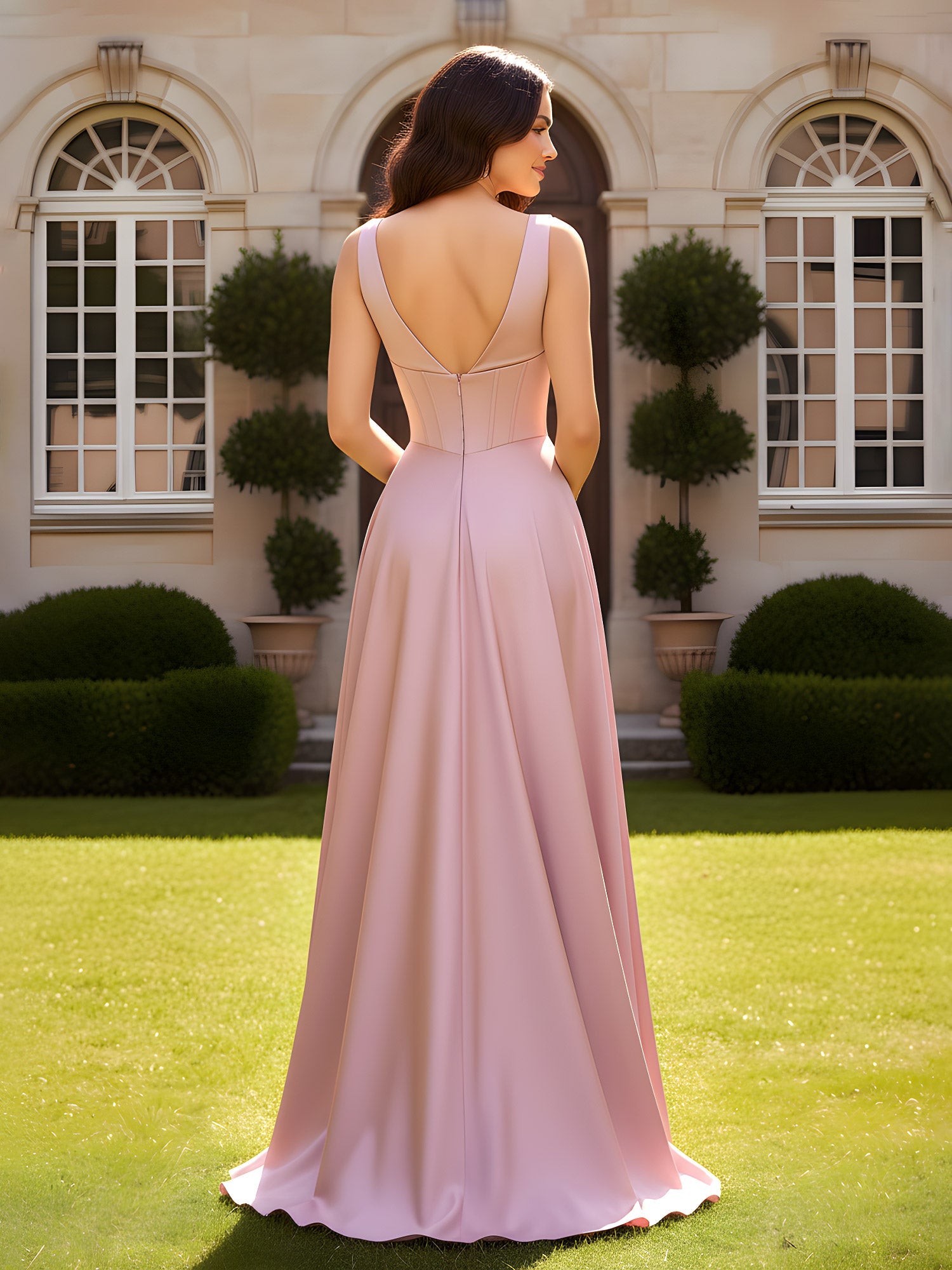 Dusty Rose Satin Sleeveless Formal Dress Deep V-Neck Corset Bodice Floor-Length A-Line Gown for Black Tie Events