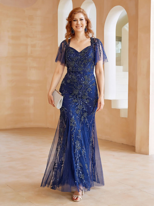 Navy Blue Beaded Tulle Evening Gown Sweetheart Neckline Short Flutter Sleeve Mermaid Maxi Dress for Mother of the Bride and Formal Events