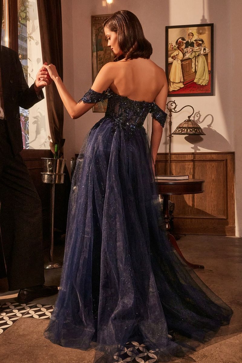 A-Line Dress Off-the-Shoulder Beaded Floral Applique Sheer Corset Bodice Tulle with High Slit Evening Gown for Wedding