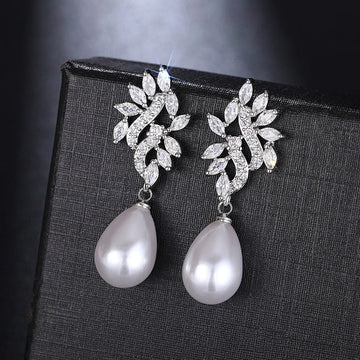 Silver-Tone Floral Pearl Drop Bridal Earrings