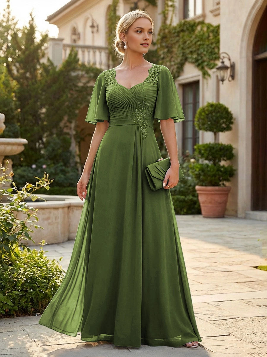 Graceful Dusty Blue A-Line Sweetheart Flutter-Sleeve Sweetheart-Back Floor-Length Mother Of The Bride Dress