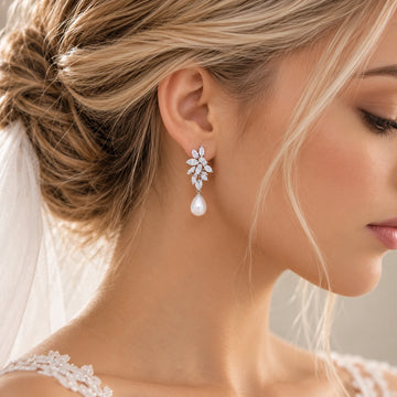 Silver-Tone Floral Pearl Drop Bridal Earrings