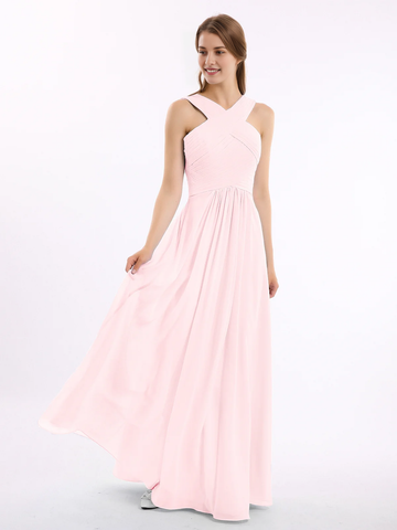 Crisscross Neck Pleated Bodice Flowy Chiffon A-Line Floor-Length Bridesmaid Evening Maxi Dress