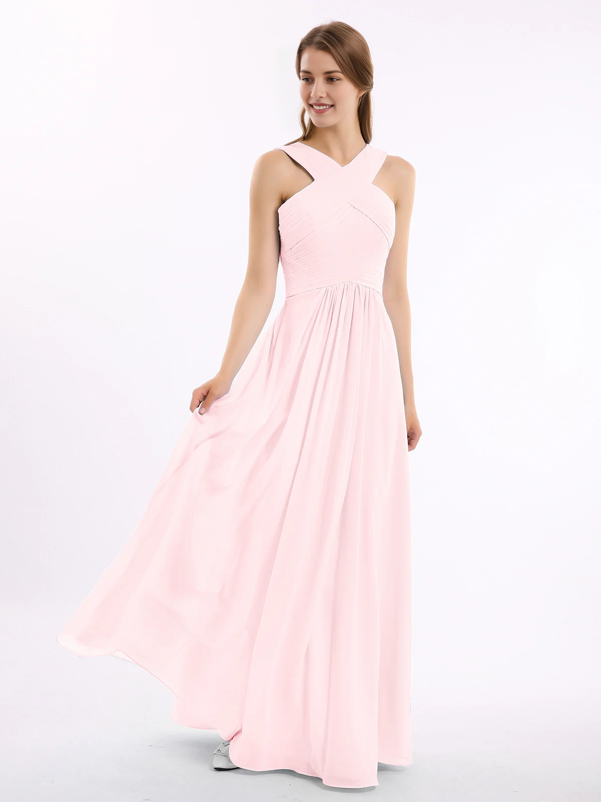 Crisscross Neck Pleated Bodice Flowy Chiffon A-Line Floor-Length Bridesmaid Evening Maxi Dress