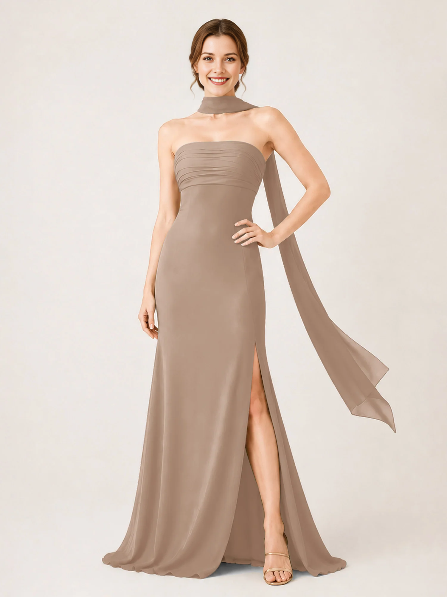 Strapless Ruched Chiffon Mermaid Bridesmaid Dress with Choker Scarf & High Slit