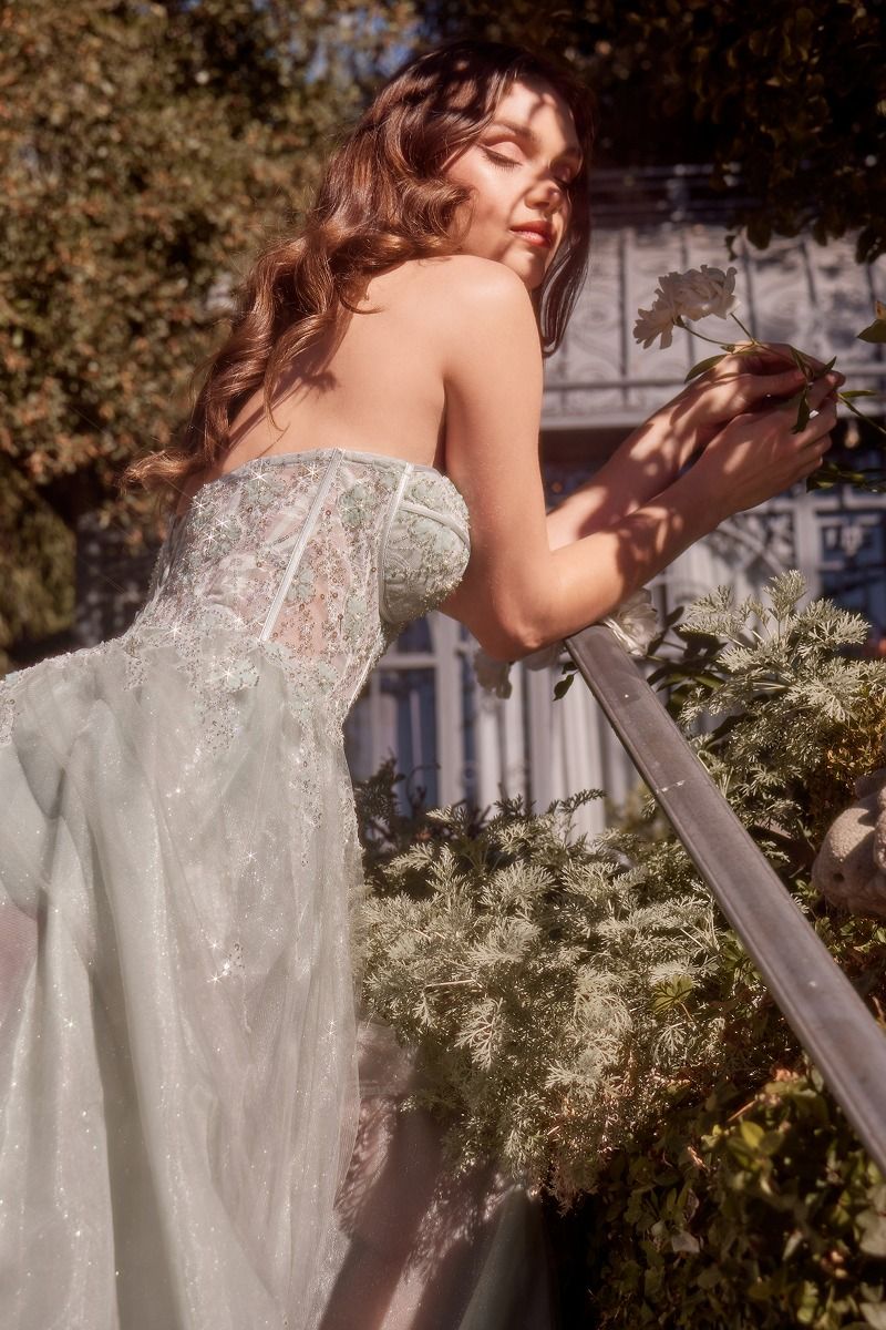 Pale Yellow Strapless Sequin Tulle Gown with High Slit - Romantic Formal Evening Dress